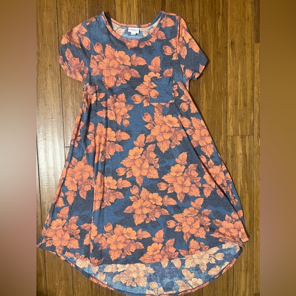 LuLaRoe Carly Dress with Blue and Orange Floral Design